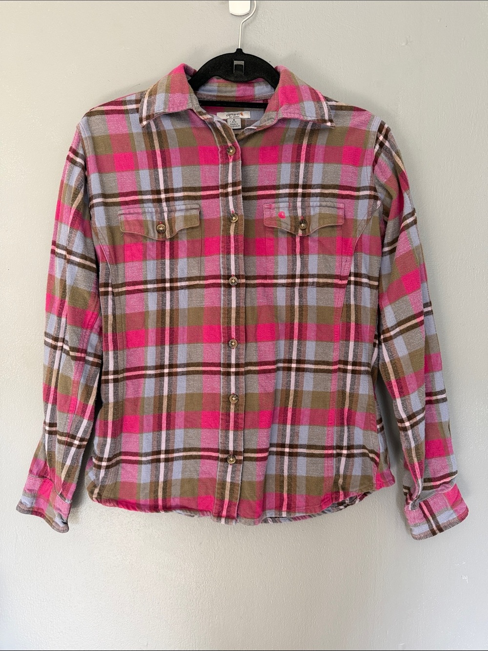Carhartt Granola Girl Gorpcore Outdoor Plaid Button Down Flannel Shirt Womens S
